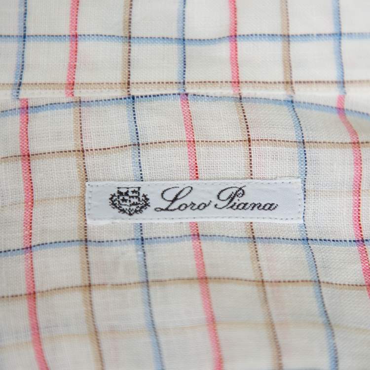 Pre Owned Loro Piana White Checkered Linen Button Front Shirt M