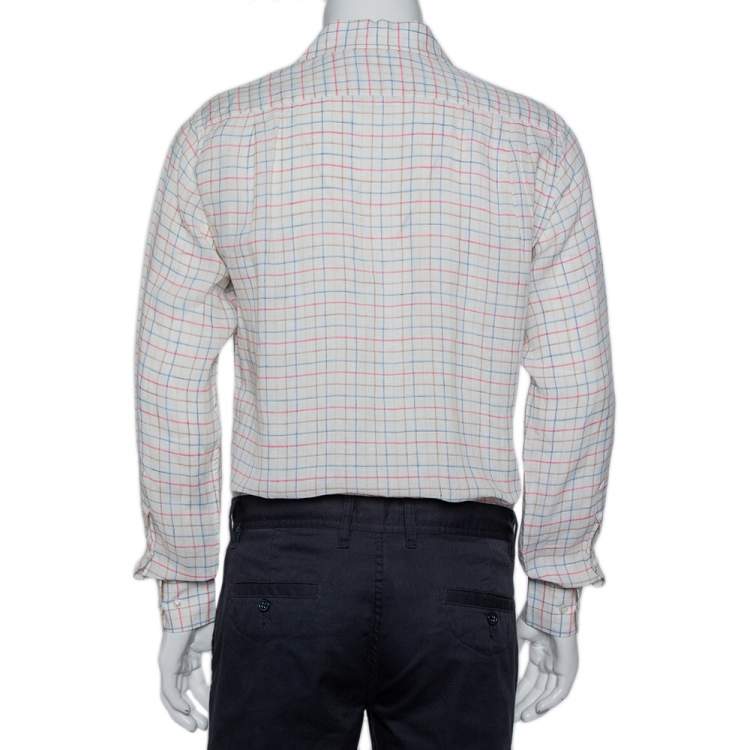 Pre Owned Loro Piana White Checkered Linen Button Front Shirt M