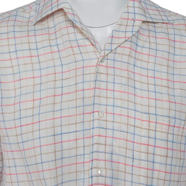 Pre Owned Loro Piana White Checkered Linen Button Front Shirt M