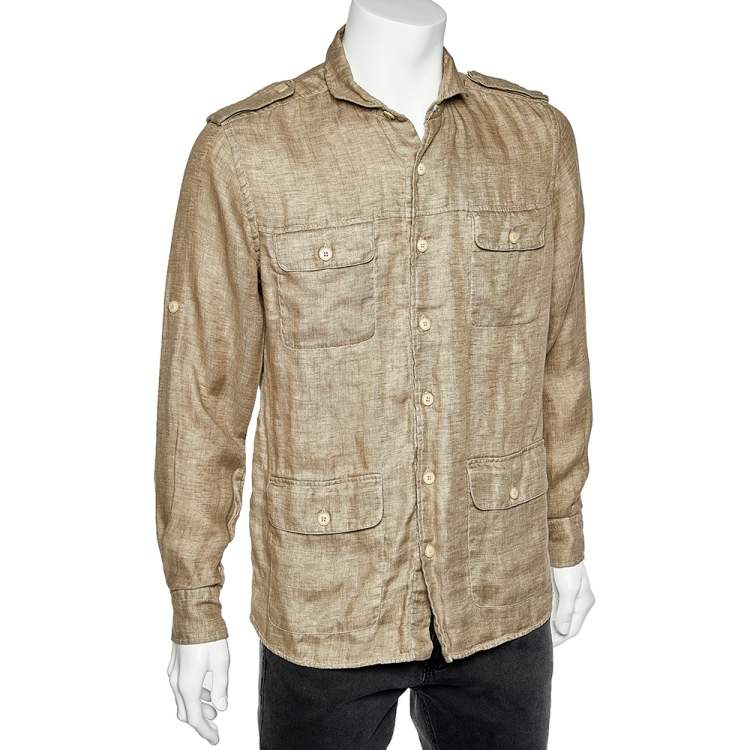 Pre Owned Loro Piana Camel Brown Linen Pocket Detail Shirt M 