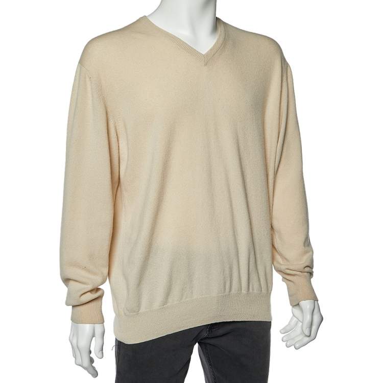 Pre Owned Loro Piana Beige Cashmere Knit V Neck Sweater XL