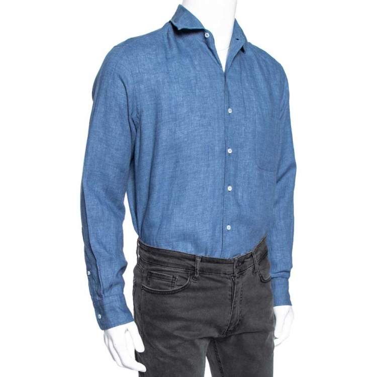 Pre Owned Loro Piana Blue Linen Button Front Shirt L