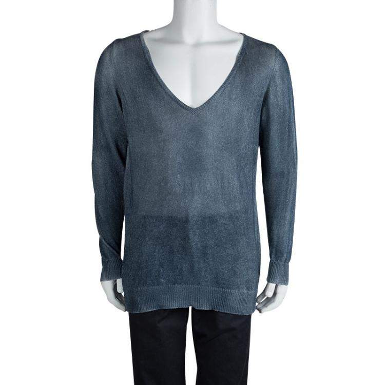 Pre Owned Loro Piana Indigo Knit Washed Effect V-Neck Sweater M