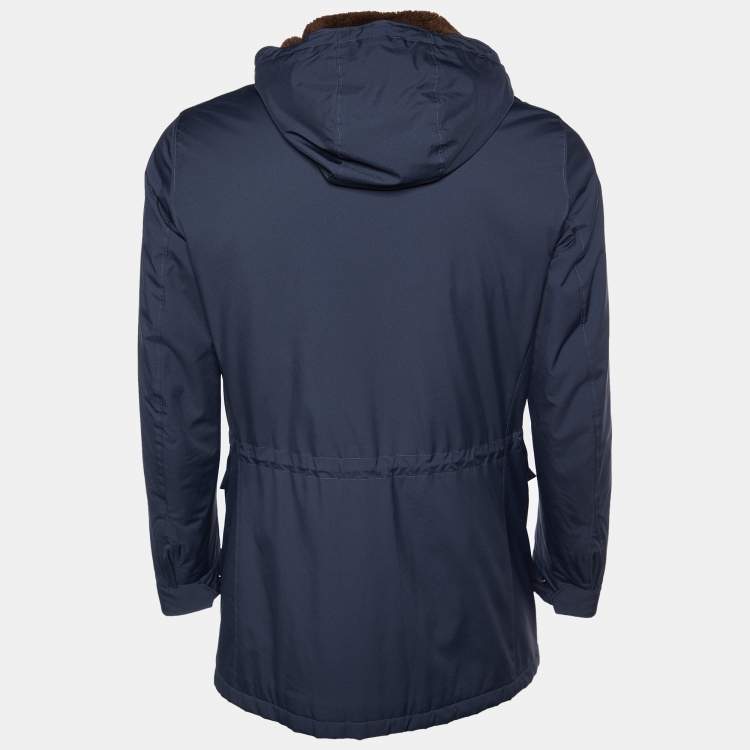 Pre Owned Loro Piana Navy Blue Synthetic Fur Lined Storm System Hooded Jacket S