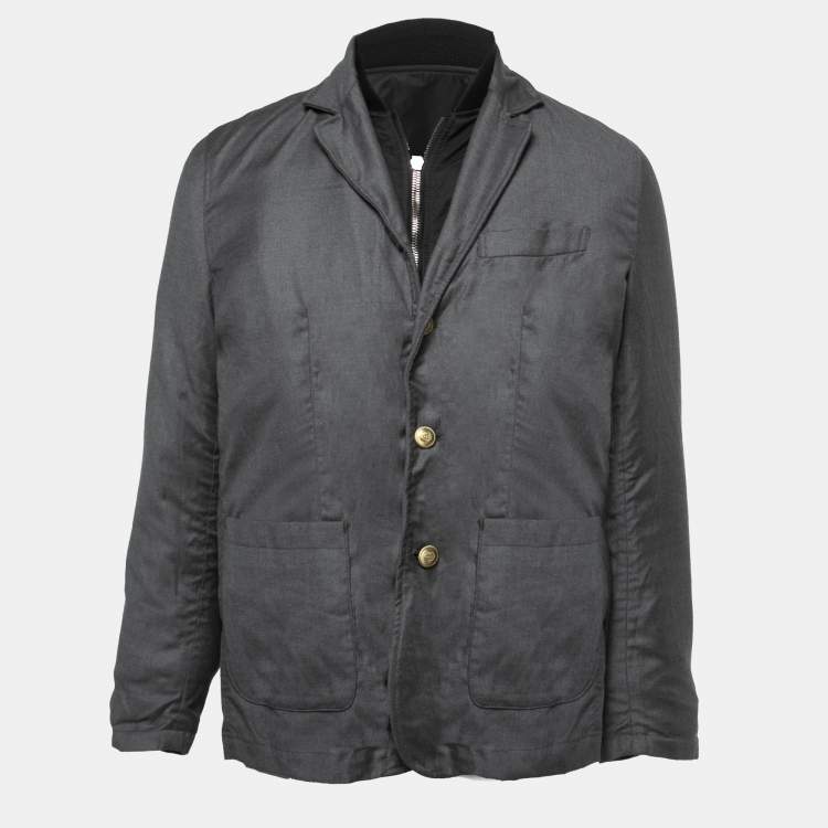 Pre Owned Loro Piana Black/Grey Nylon & Wool Bomber Jacket L