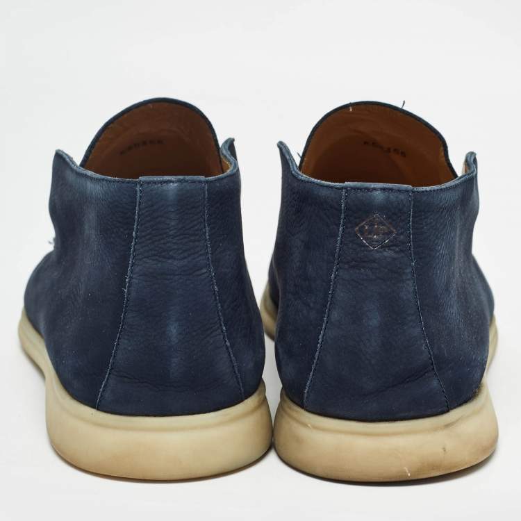 Pre Owned Loro Piana Navy Blue Nubuck Leather Ankle Length Boots Size 45