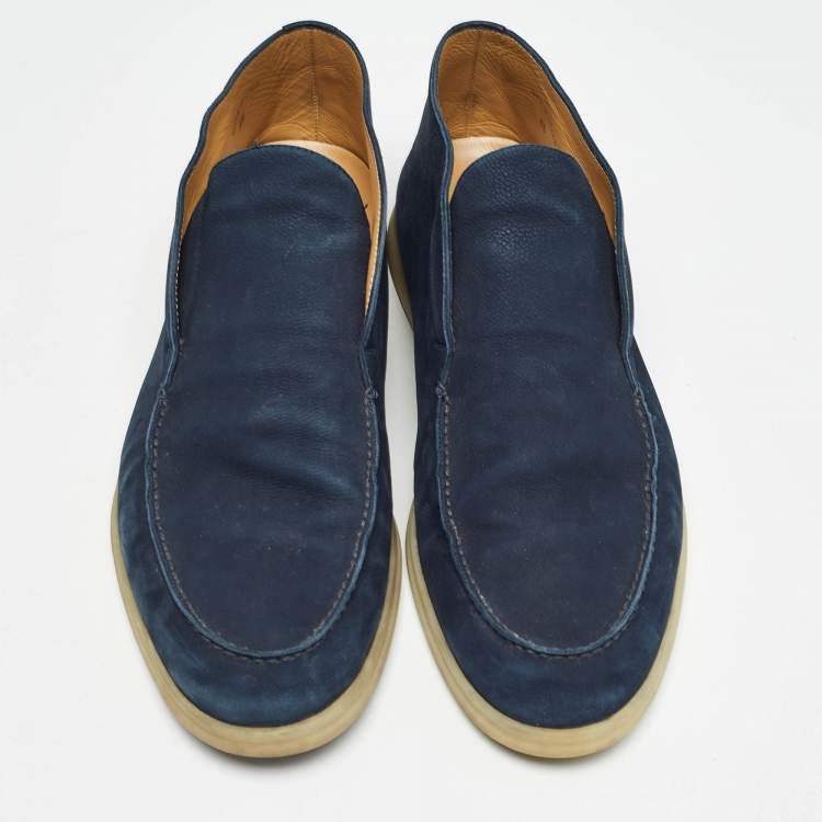 Pre Owned Loro Piana Navy Blue Nubuck Leather Ankle Length Boots Size 45