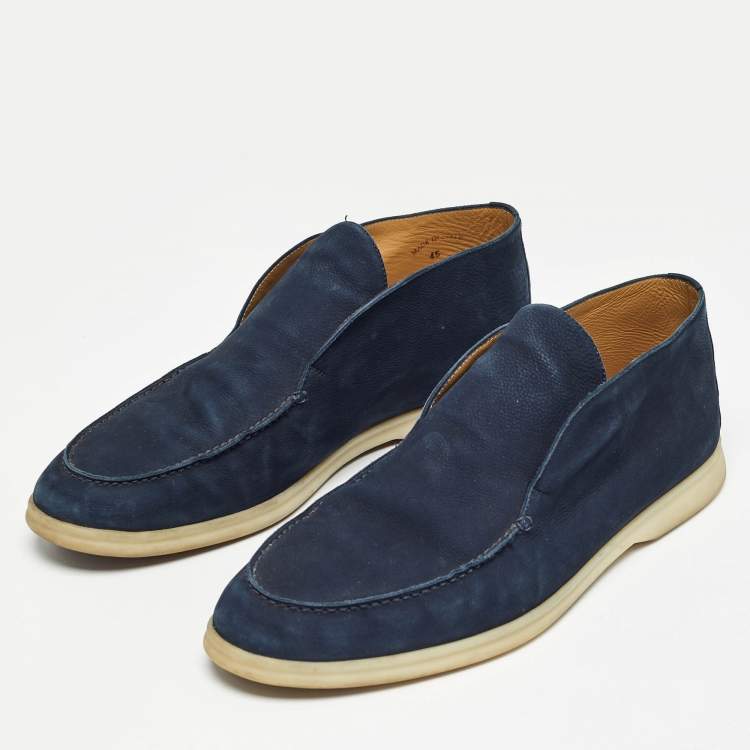 Pre Owned Loro Piana Navy Blue Nubuck Leather Ankle Length Boots Size 45