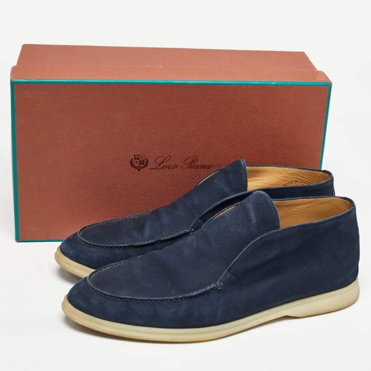 Pre Owned Loro Piana Navy Blue Nubuck Leather Ankle Length Boots Size 45