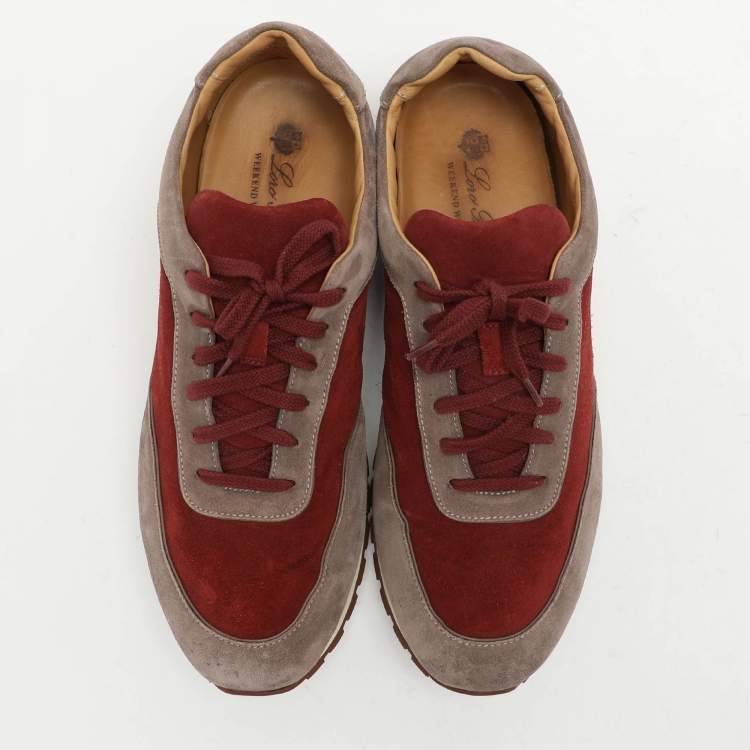 Pre Owned Loro Piana Grey/Burgundy Suede Weekend Walk Low Top Sneakers Size 46