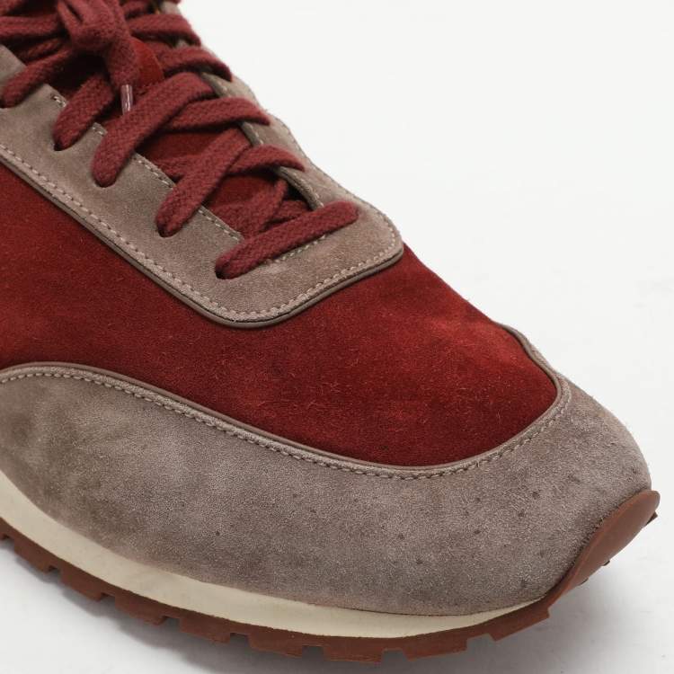 Pre Owned Loro Piana Grey/Burgundy Suede Weekend Walk Low Top Sneakers Size 46