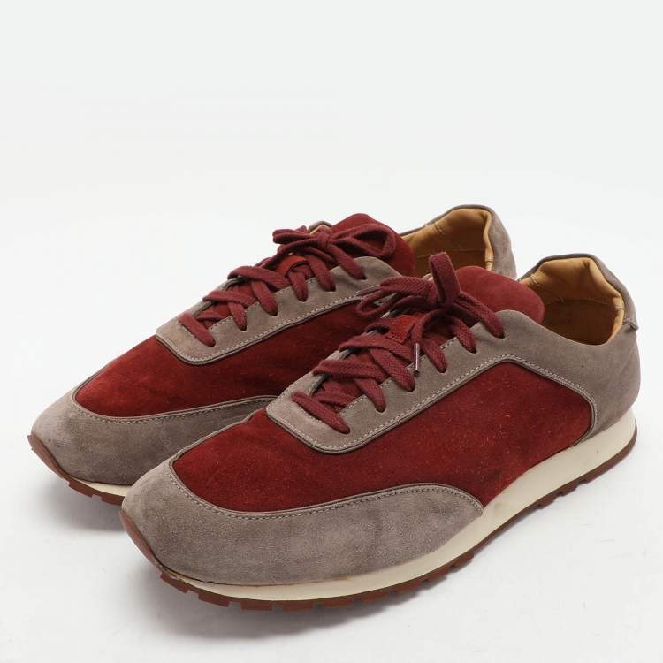 Pre Owned Loro Piana Grey/Burgundy Suede Weekend Walk Low Top Sneakers Size 46