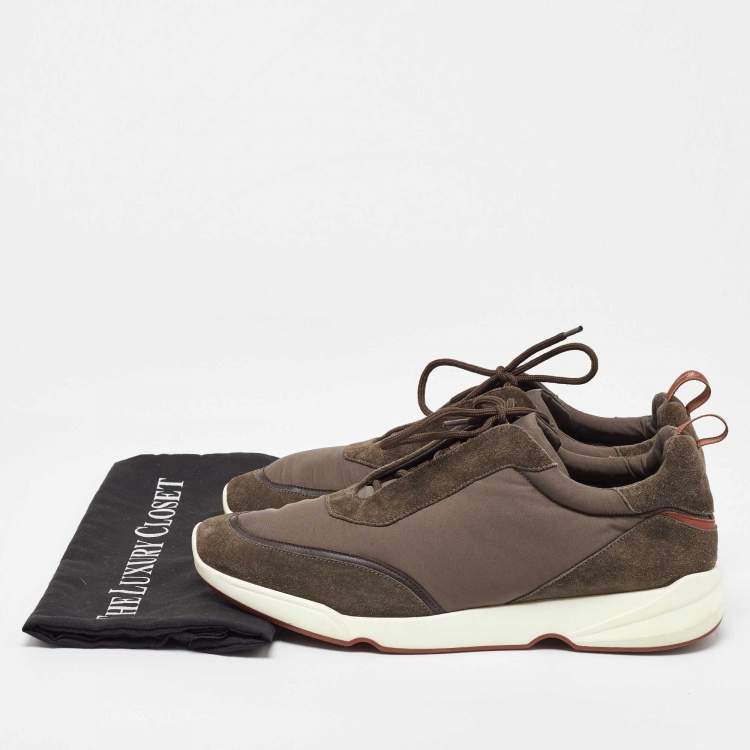 Pre Owned Loro Piana Olive Green Satin and Suede Modular Walk Sneakers Size 45.5