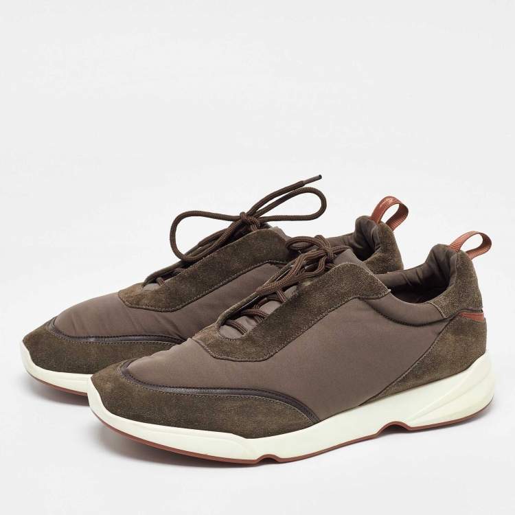 Pre Owned Loro Piana Olive Green Satin and Suede Modular Walk Sneakers Size 45.5
