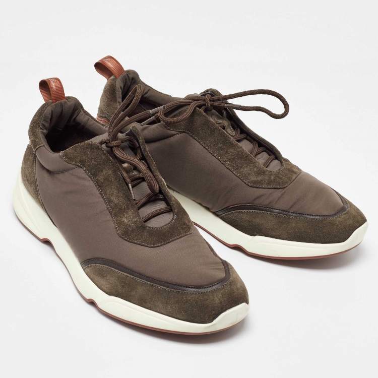 Pre Owned Loro Piana Olive Green Satin and Suede Modular Walk Sneakers Size 45.5