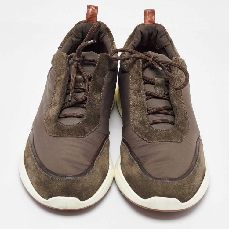Pre Owned Loro Piana Olive Green Satin and Suede Modular Walk Sneakers Size 45.5