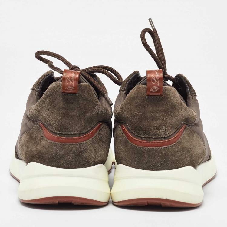 Pre Owned Loro Piana Olive Green Satin and Suede Modular Walk Sneakers Size 45.5