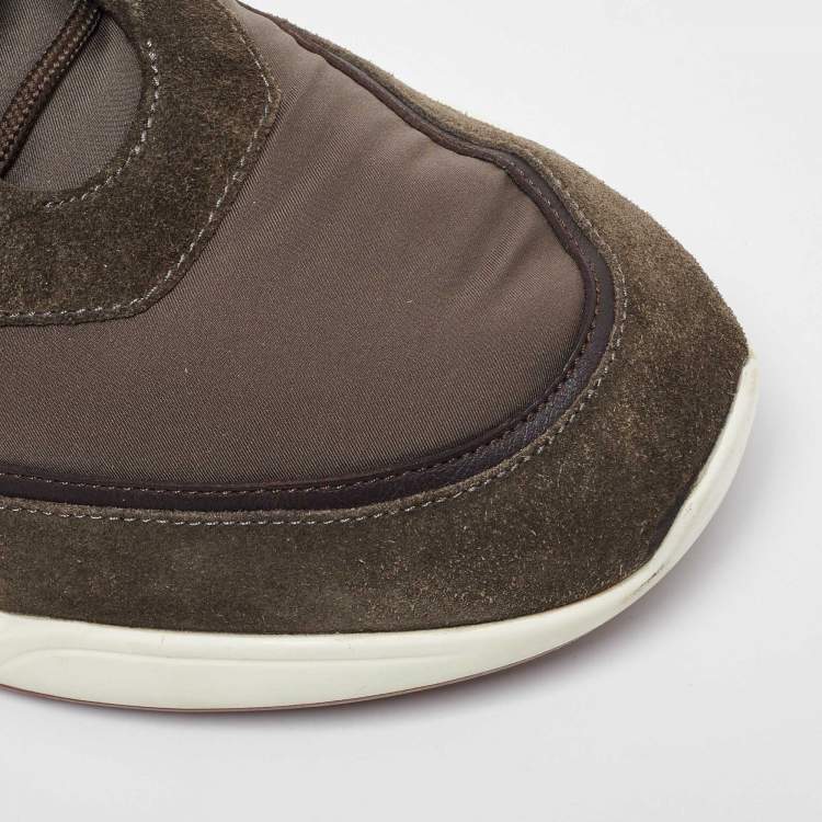 Pre Owned Loro Piana Olive Green Satin and Suede Modular Walk Sneakers Size 45.5