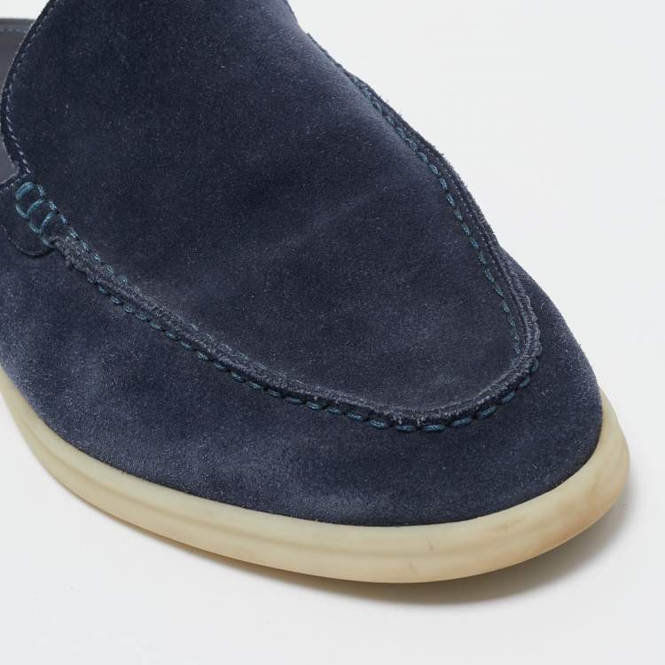 Pre Owned Loro Piana Navy Blue Suede Babouche Walk Mules Size 43.5