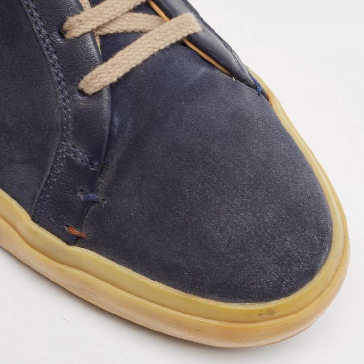 Pre Owned Loro Piana Navy Blue Suede and Leather Freetime Walk Sneakers Size 42