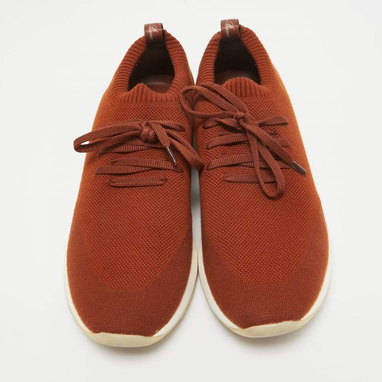 Pre Owned Loro Piana Brown Knit Fabric and Leather 360 LP Flexy Walk Sneakers Size 42