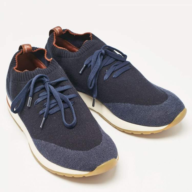مملوكة مسبقًا Loro Piana Navy Blue Fabric and Leather 360 Flexy Walker Sneakers Size 42