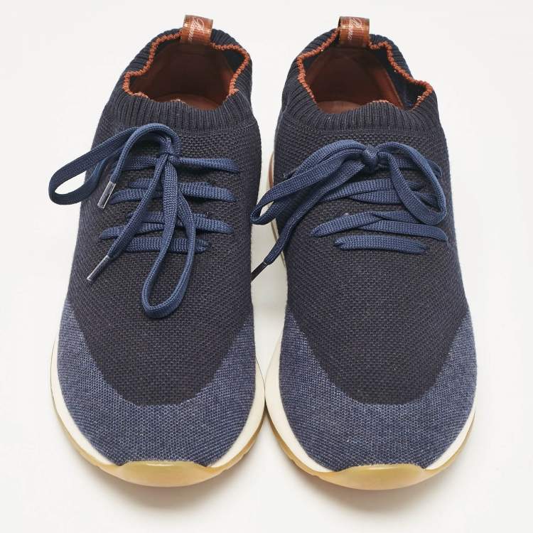 مملوكة مسبقًا Loro Piana Navy Blue Fabric and Leather 360 Flexy Walker Sneakers Size 42
