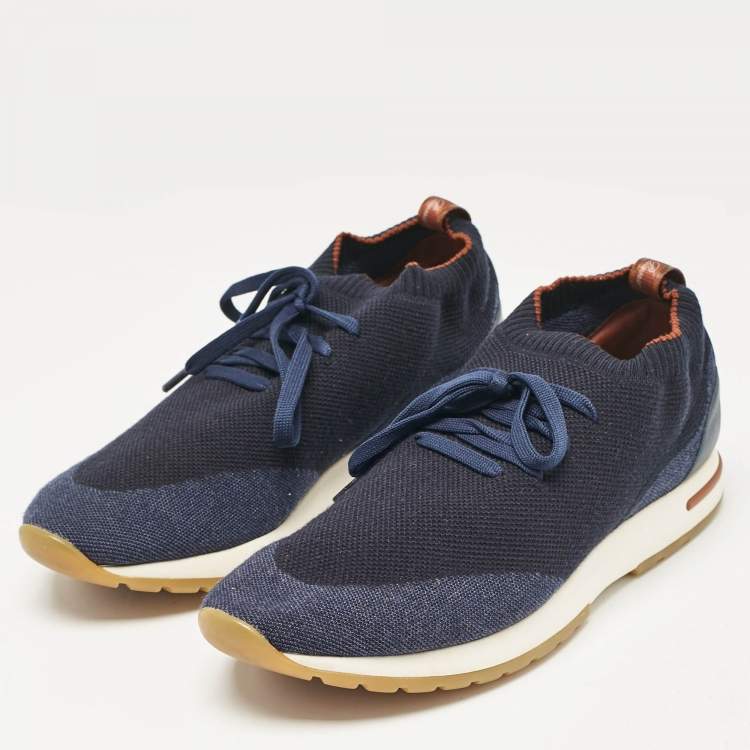 مملوكة مسبقًا Loro Piana Navy Blue Fabric and Leather 360 Flexy Walker Sneakers Size 42