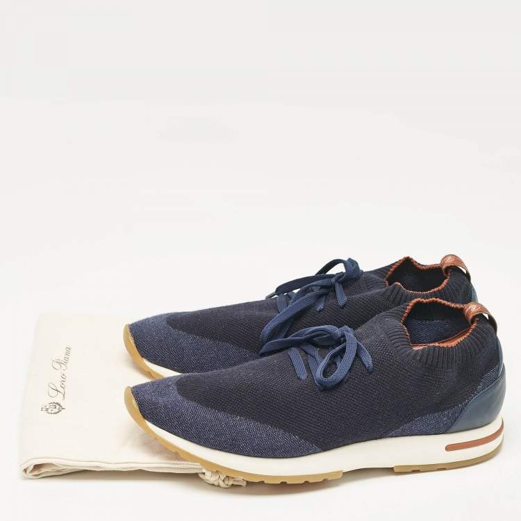 مملوكة مسبقًا Loro Piana Navy Blue Fabric and Leather 360 Flexy Walker Sneakers Size 42