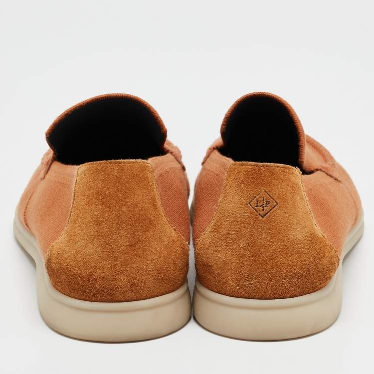مملوكة مسبقًا Loro Piana Brown Knit Fabric Open Walk Slip On Loafers Size 42.5