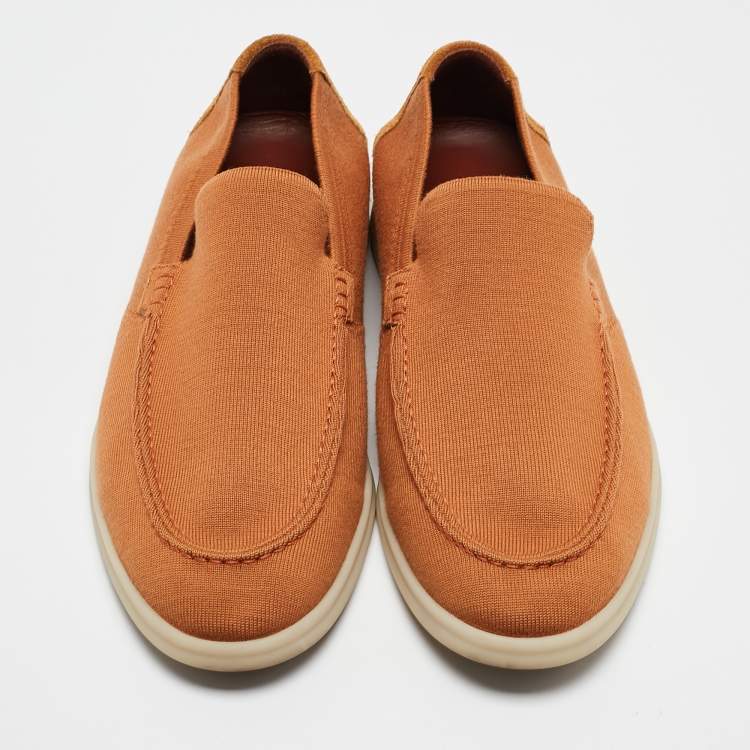مملوكة مسبقًا Loro Piana Brown Knit Fabric Open Walk Slip On Loafers Size 42.5
