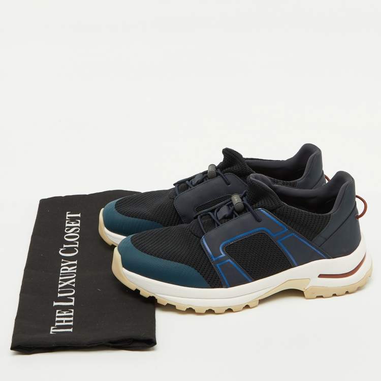 مملوكة مسبقًا Loro Piana Navy Blue Knit Fabric and Neoprene Modular Walk Low Top Sneakers Size 40.5