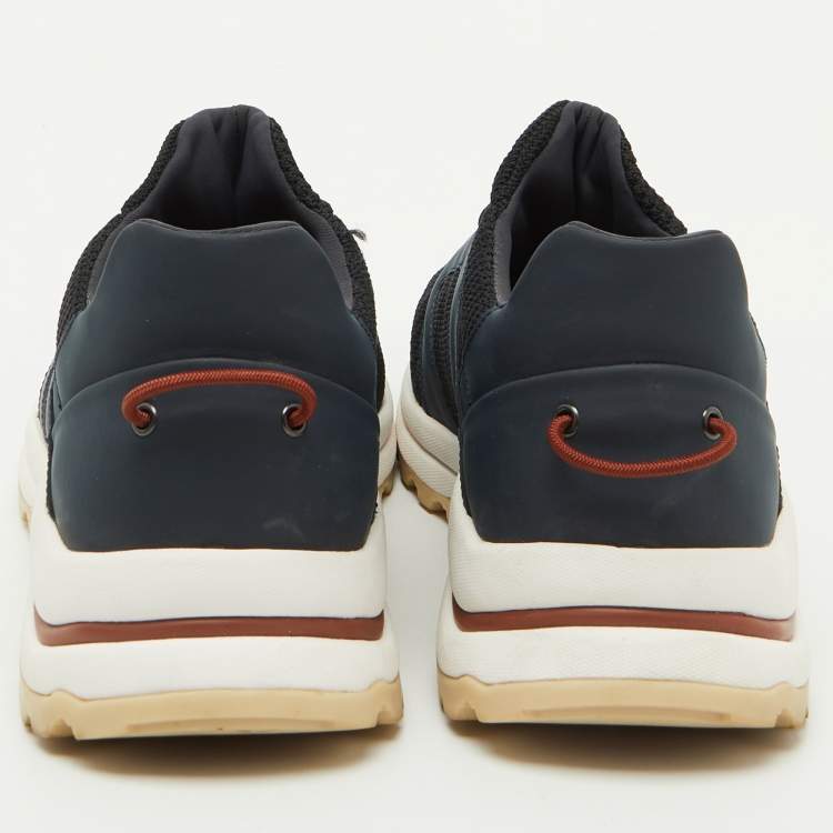 مملوكة مسبقًا Loro Piana Navy Blue Knit Fabric and Neoprene Modular Walk Low Top Sneakers Size 40.5