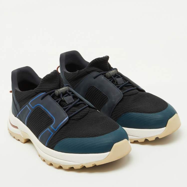 مملوكة مسبقًا Loro Piana Navy Blue Knit Fabric and Neoprene Modular Walk Low Top Sneakers Size 40.5
