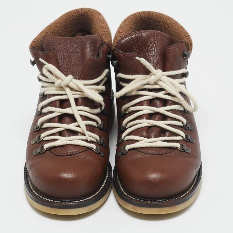 Pre Owned Loro Piana Brown Fabric and Leather Hiking Boots Size 40