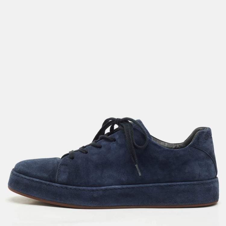 Pre Owned Loro Piana Navy Blue Suede 360 Flexy Walker Lace Up Sneakers Size 42