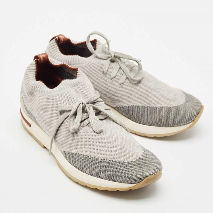Pre Owned Loro Piana Grey Knit Fabric and Leather 360 Flexy Walker Slip On Sneakers Size 40