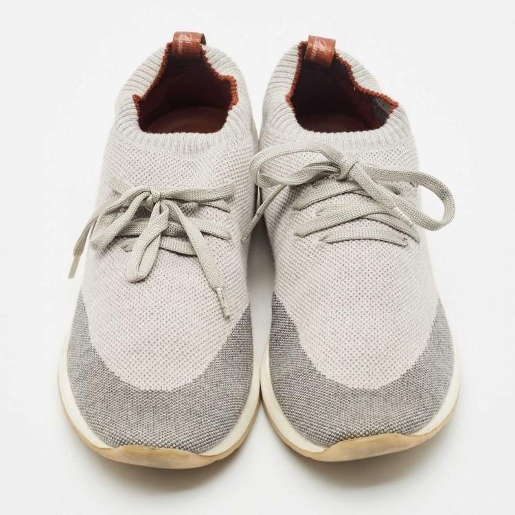 Pre Owned Loro Piana Grey Knit Fabric and Leather 360 Flexy Walker Slip On Sneakers Size 40