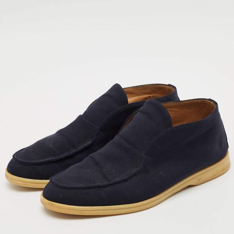 مملوكة مسبقًا Loro Piana Navy Blue Fabric Open Walk Slip On Ankle Boots Size 42.5