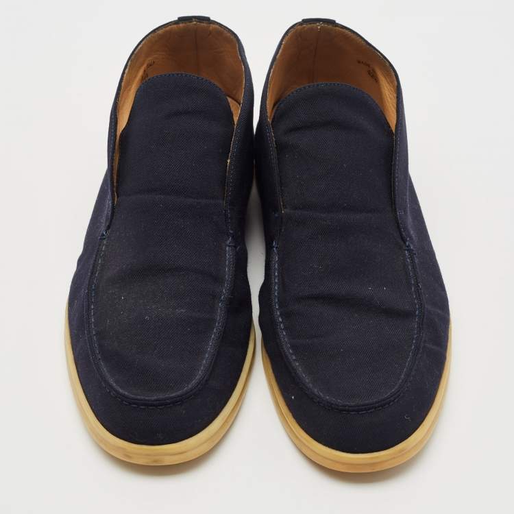 مملوكة مسبقًا Loro Piana Navy Blue Fabric Open Walk Slip On Ankle Boots Size 42.5