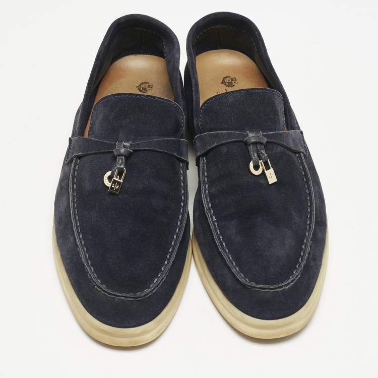 مملوكة مسبقًا Loro Piana Navy Blue Suede Summer Charms Walk Loafers Size 41