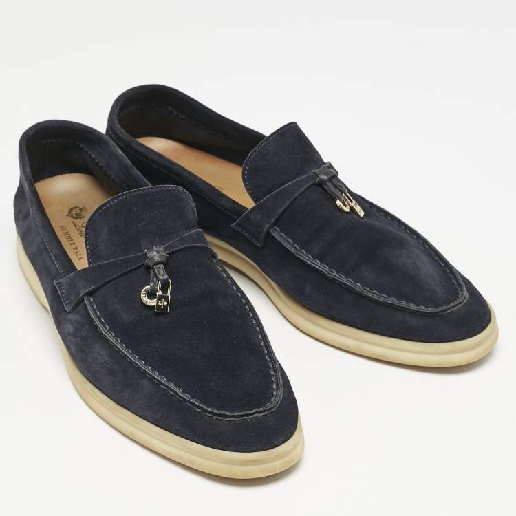 مملوكة مسبقًا Loro Piana Navy Blue Suede Summer Charms Walk Loafers Size 41