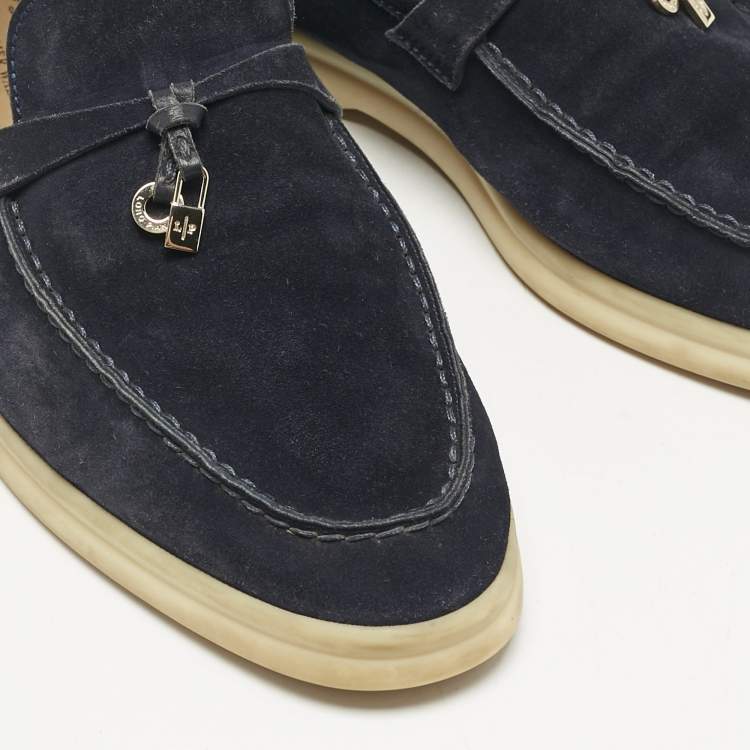 مملوكة مسبقًا Loro Piana Navy Blue Suede Summer Charms Walk Loafers Size 41