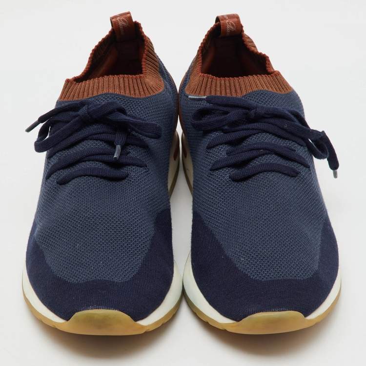 Pre Owned Loro Piana Navy Blue Knit Fabric 360 LP Flexy Walk Low Top Sneakers Size 45