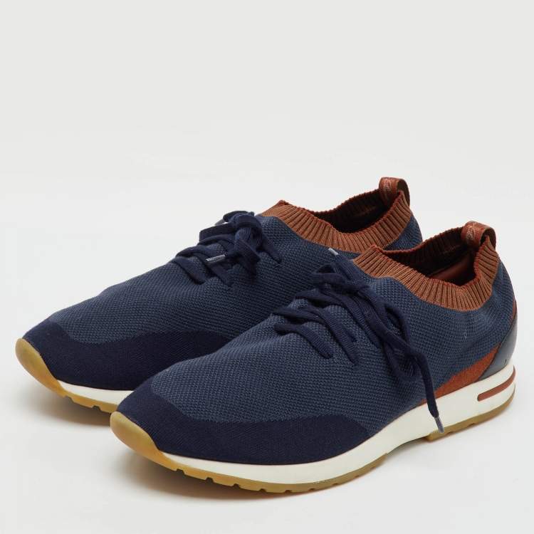 Pre Owned Loro Piana Navy Blue Knit Fabric 360 LP Flexy Walk Low Top Sneakers Size 45