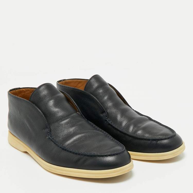 مملوكة مسبقًا Loro Piana Navy Blue Leather Open Walk Ankle Boots Size 43.5