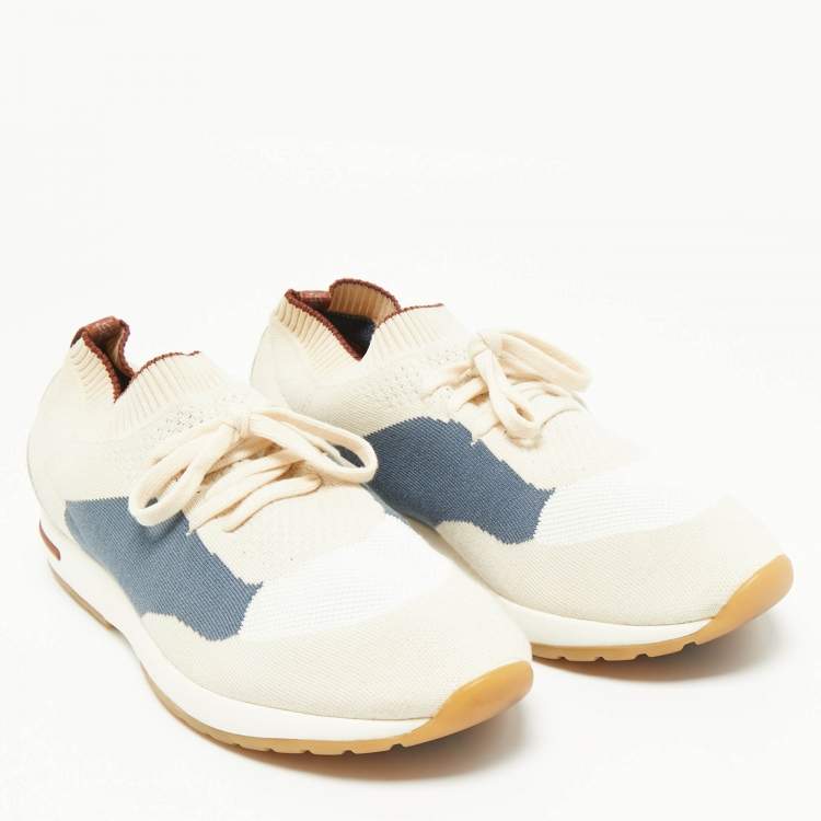 Pre Owned Loro Piana Grey/Cream Knit Fabric and Leather 360 Flexy Walker Slip On Sneakers Size 42