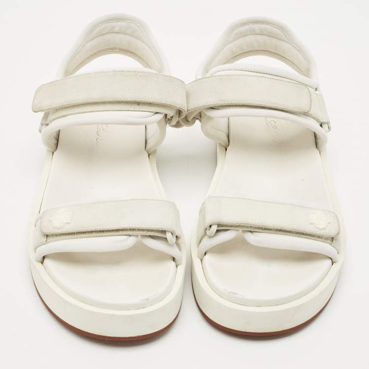 Pre Owned Loro Piana White Fabric and Suede Waikiki Flat Sandals Size 39