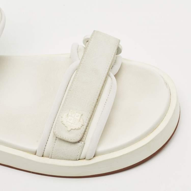 Pre Owned Loro Piana White Fabric and Suede Waikiki Flat Sandals Size 39