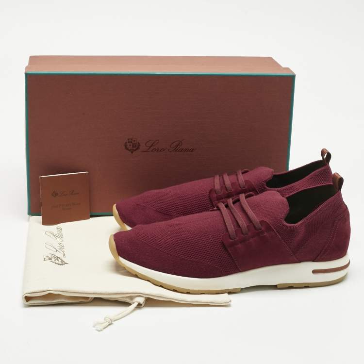Pre Owned Loro Piana Burgundy Knit Fabric and Suede 360 LP Flexy Walk Slip On Sneakers Size 43